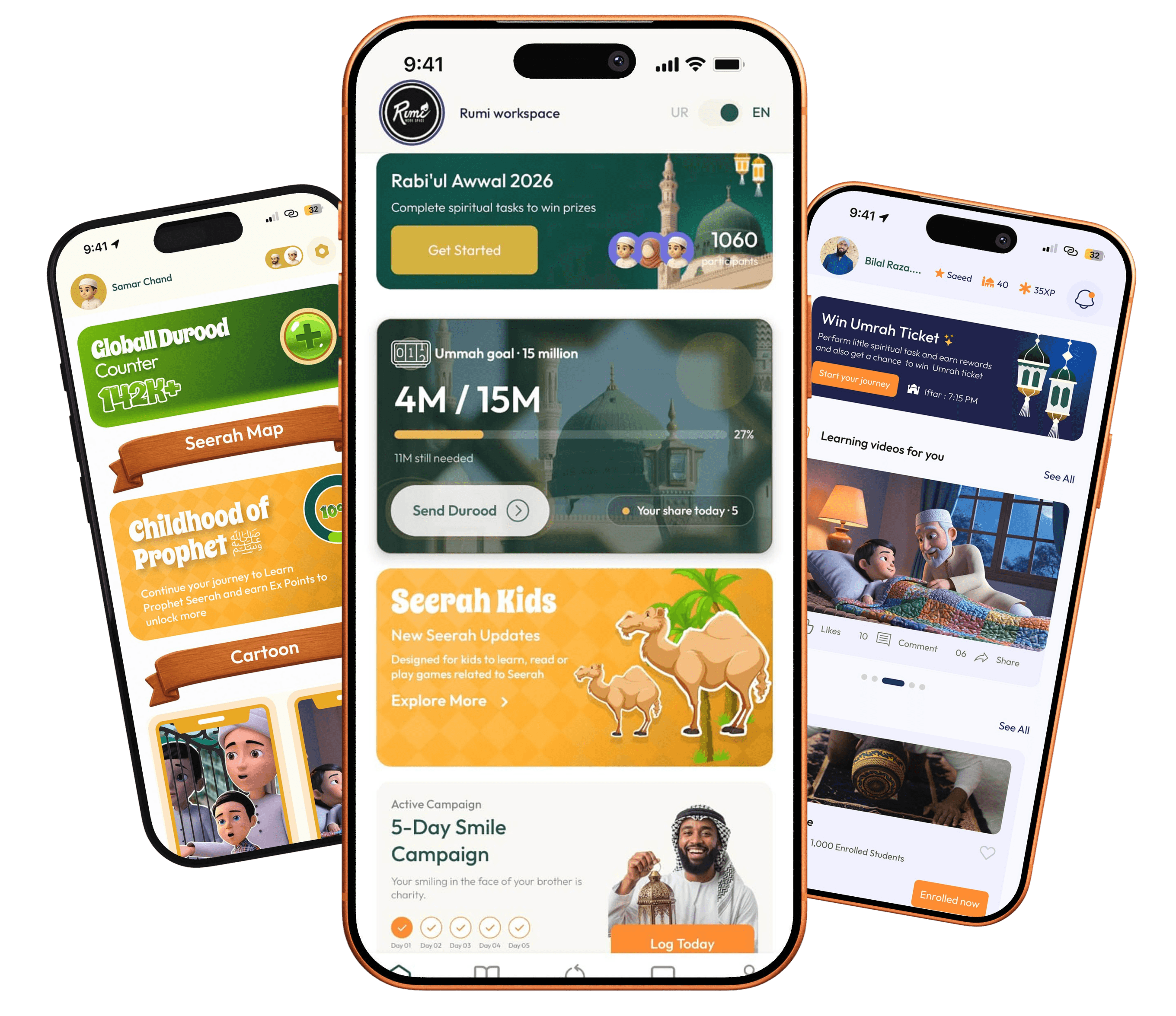 Seerat Ki Dunya app screens — global durood counter, Seerah Kids and learning videos